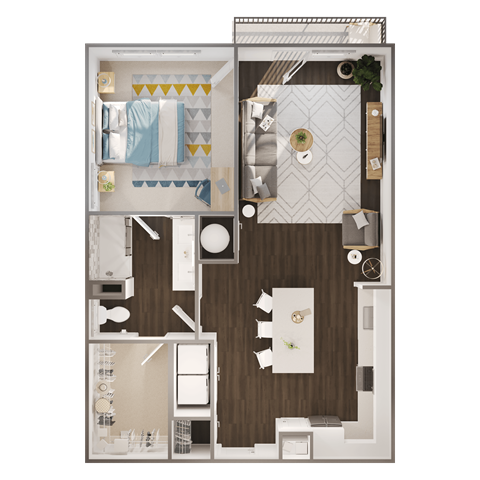 Floor plan for 1 bed, 1 bath, 743 sqft